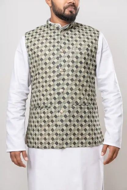 Cotton Olive Green Diamond Checkered Pattern Modi Jacket