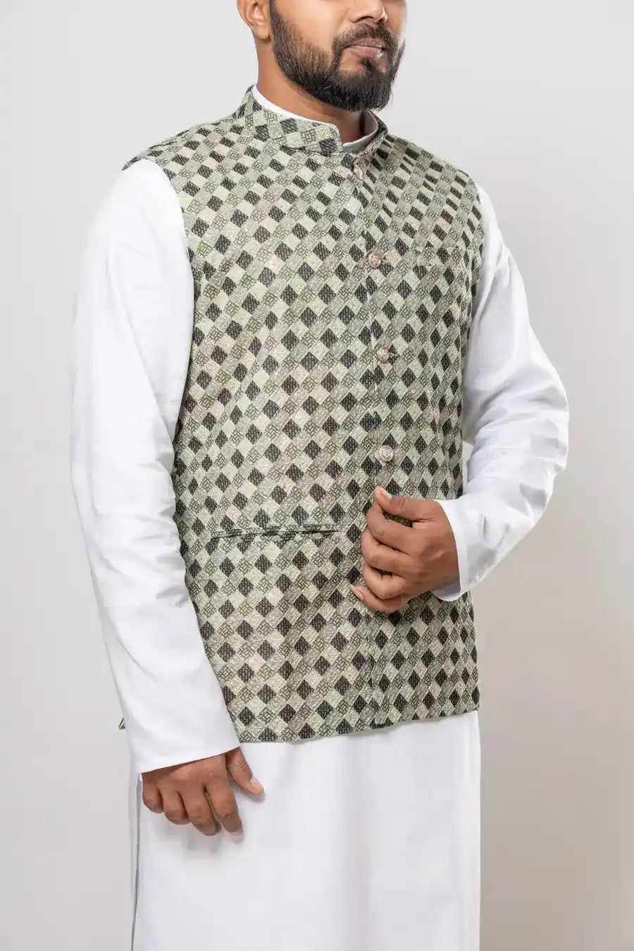 Cotton Olive Green Diamond Checkered Pattern Modi Jacket