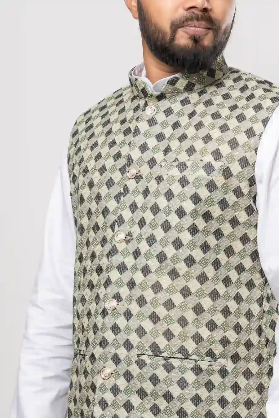 Cotton Olive Green Diamond Checkered Pattern Modi Jacket