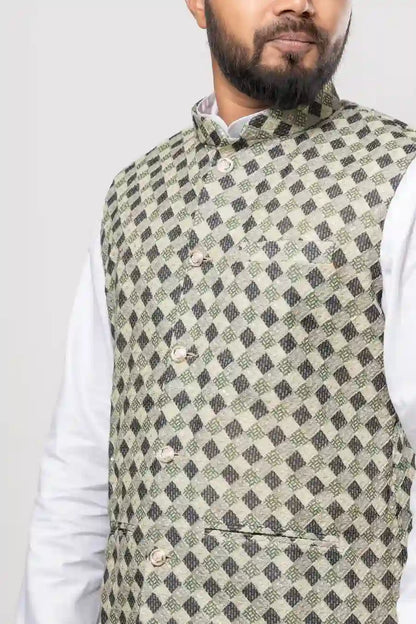 Cotton Olive Green Diamond Checkered Pattern Modi Jacket