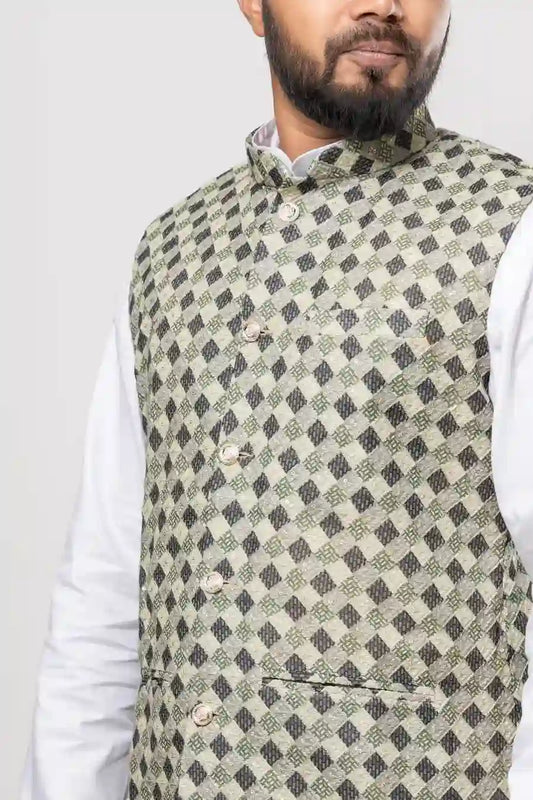 Cotton Olive Green Diamond Checkered Pattern Modi Jacket