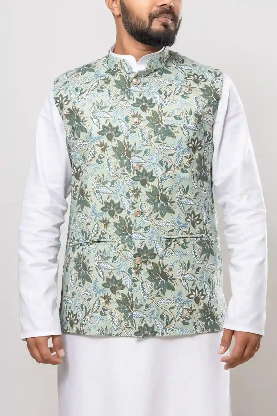 Cotton Pastel Green Floral Printed Modi Jacket