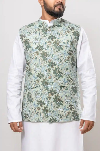 Cotton Pastel Green Floral Printed Modi Jacket