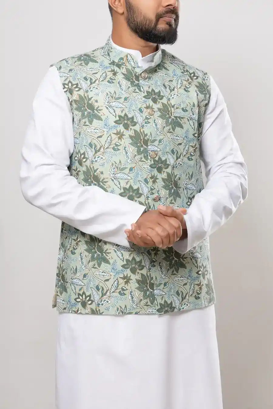 Cotton Pastel Green Floral Printed Modi Jacket