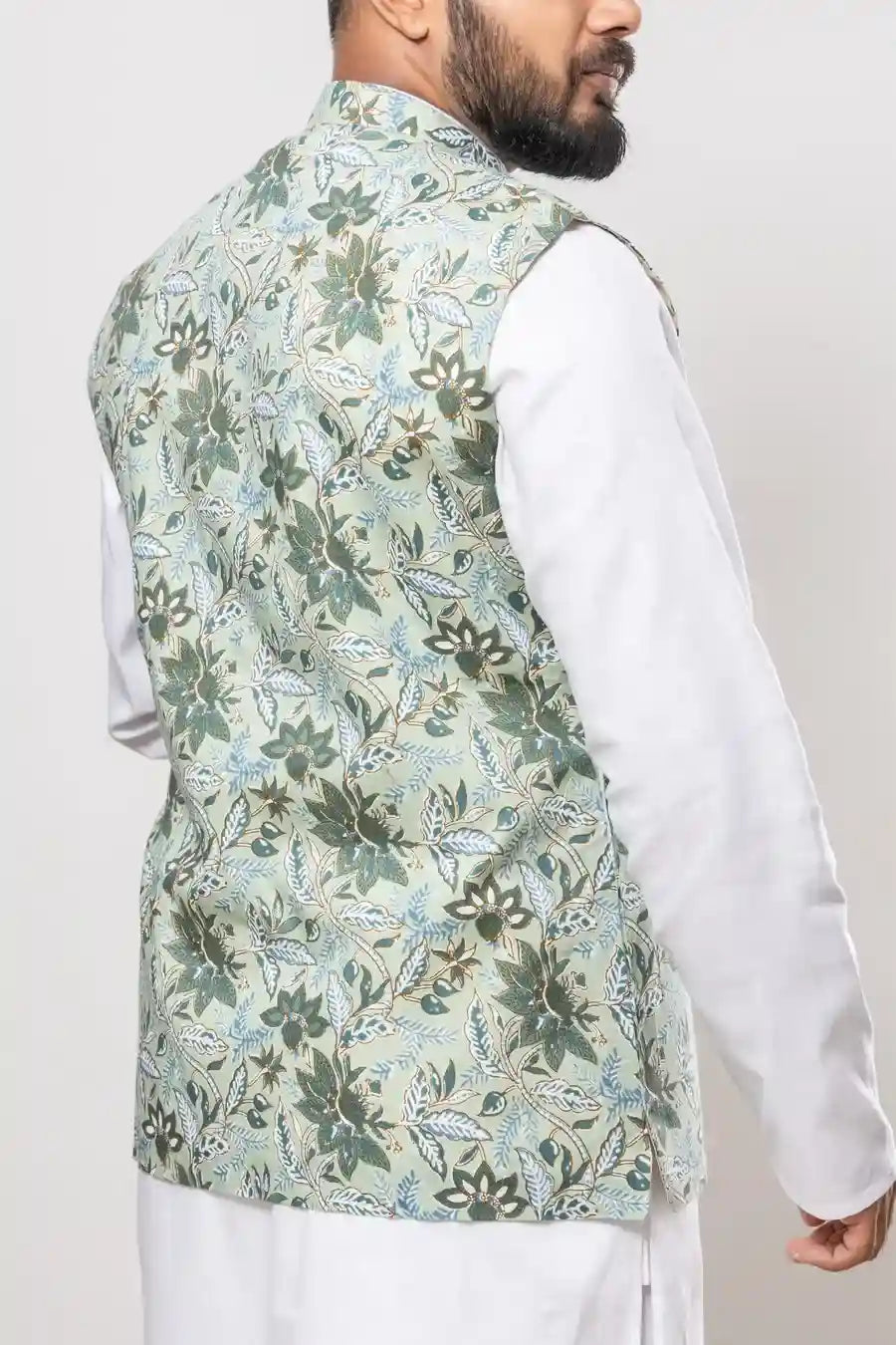 Cotton Pastel Green Floral Printed Modi Jacket