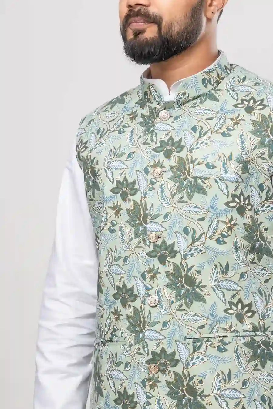 Cotton Pastel Green Floral Printed Modi Jacket