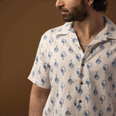 Close up of Indigo Grove print on Hawaiian Shirt showing detailed design.