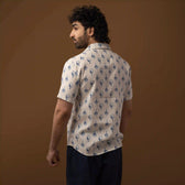 Back view of Indigo Grove Hawaiian Shirt showing vent and sleeve length.