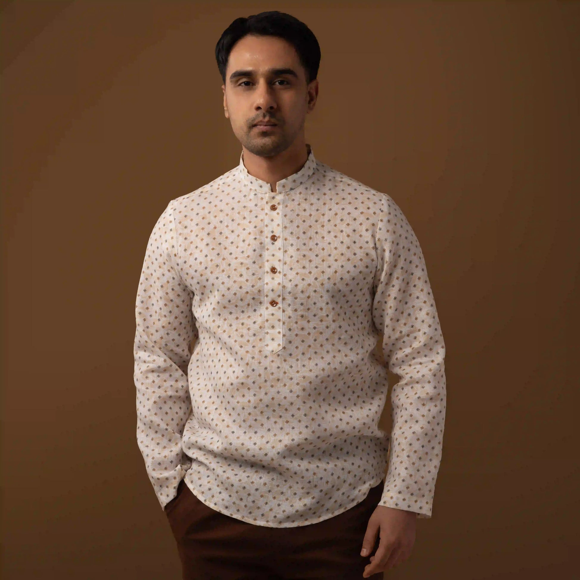 Ivory Beige Printed Cotton Linen Mandarin Collar Short Kurta
