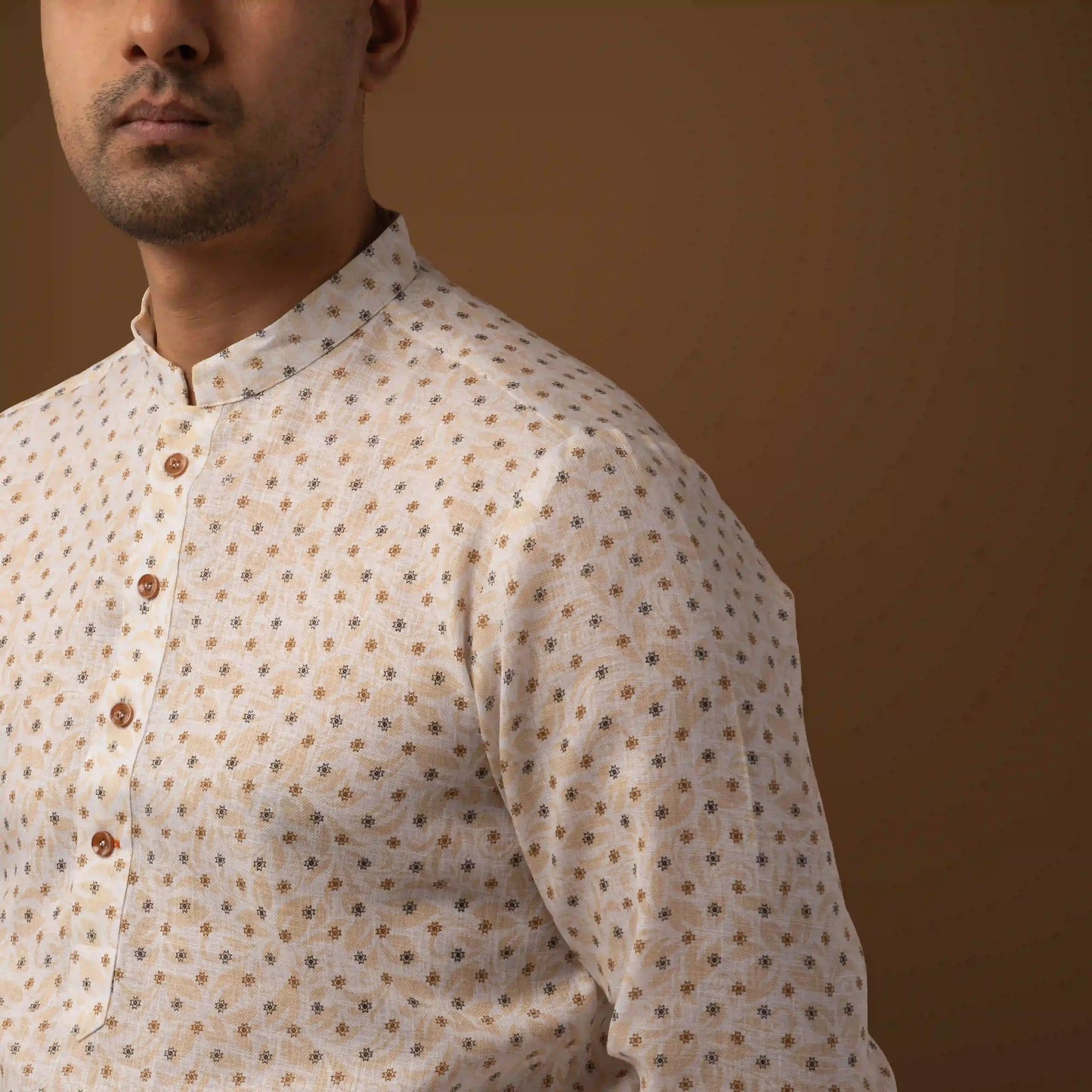 Ivory Beige Printed Cotton Linen Mandarin Collar Short Kurta