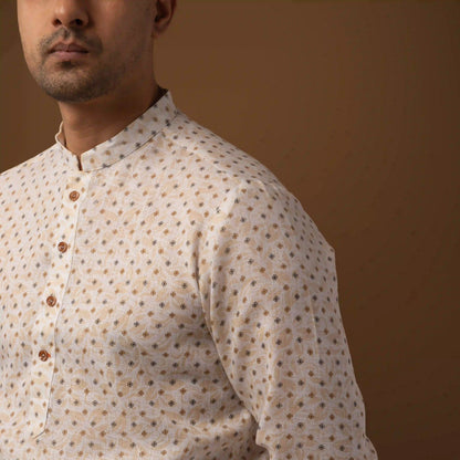 Ivory Beige Printed Cotton Linen Mandarin Collar Short Kurta