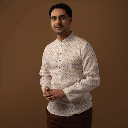 Ivory Beige Printed Cotton Linen Mandarin Collar Short Kurta