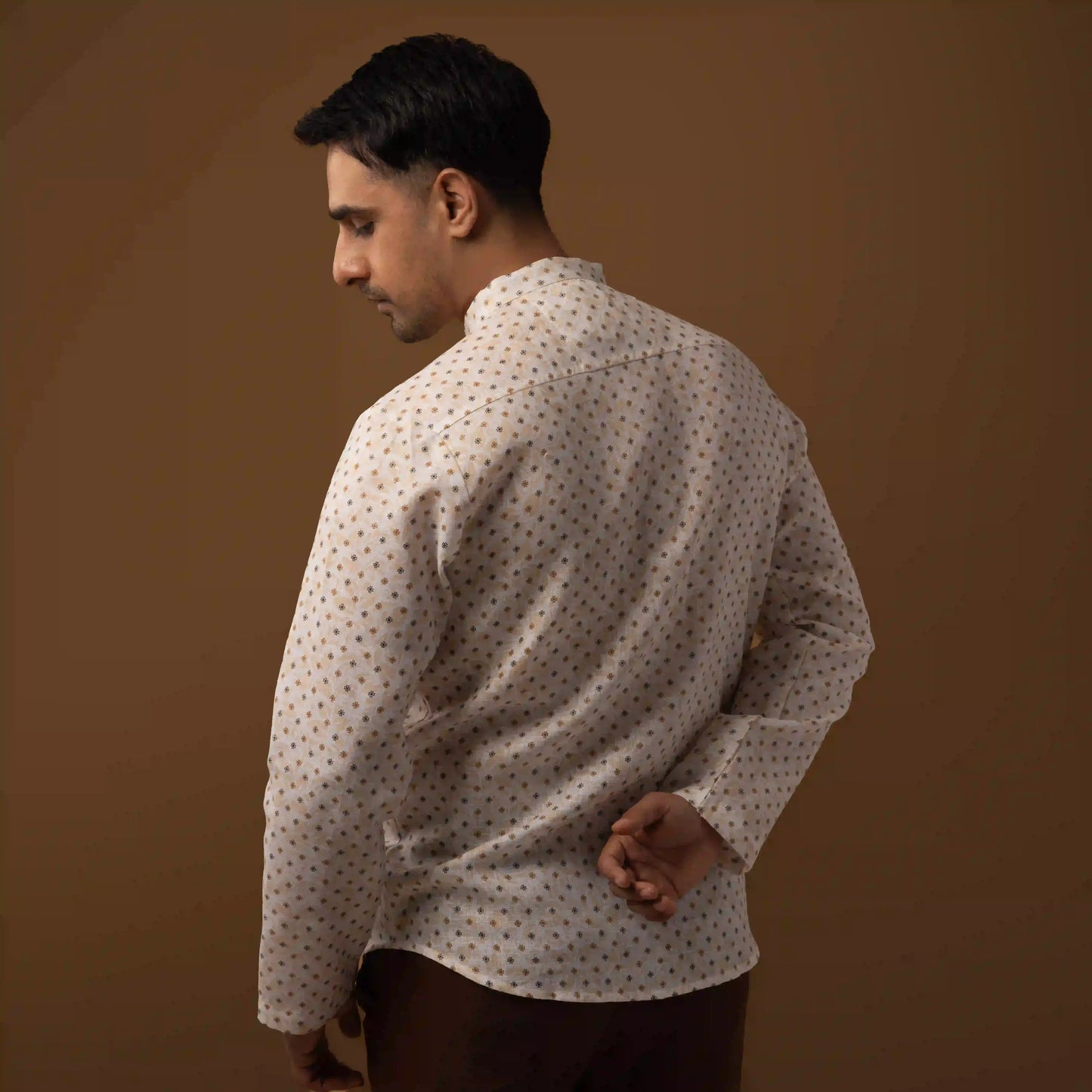Ivory Beige Printed Cotton Linen Mandarin Collar Short Kurta