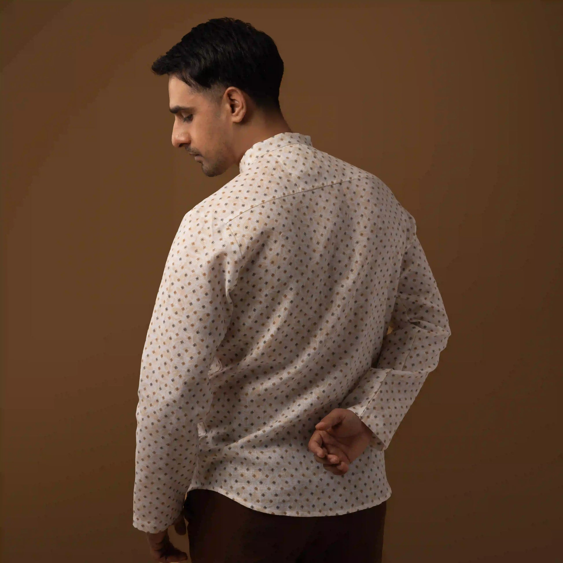 Ivory Beige Printed Cotton Linen Mandarin Collar Short Kurta