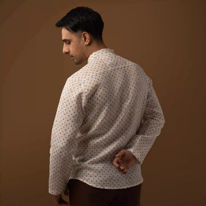 Ivory Beige Printed Cotton Linen Mandarin Collar Short Kurta
