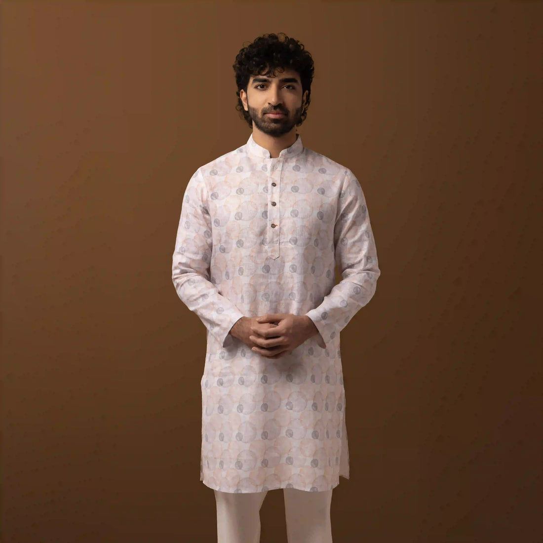 Front view of Ivory Bloom Printed 100% Linen Long Kurta