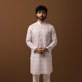 Front view of Ivory Bloom Printed 100% Linen Long Kurta