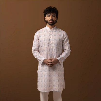 Ivory Bloom Printed 100% Linen Long Kurta