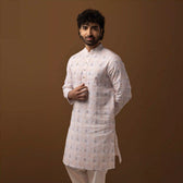 Close-up of floral pattern on Ivory Bloom Linen Long Kurta