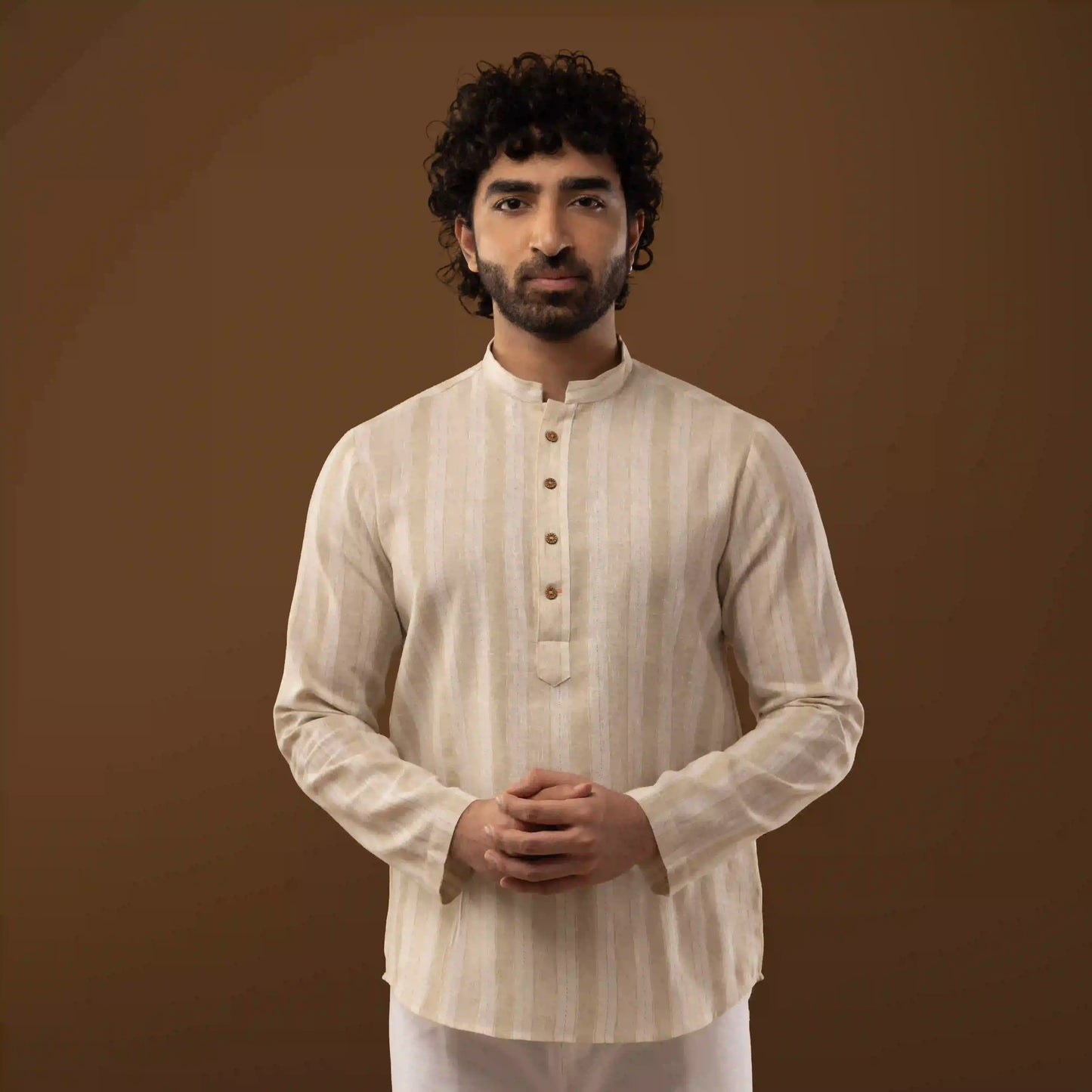 Ivory Striped Mandarin Collar Short Kurta