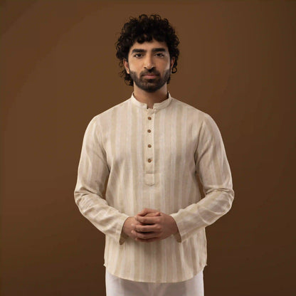 Ivory Striped Mandarin Collar Short Kurta