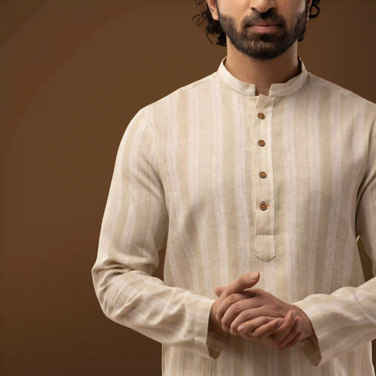 Ivory Striped Mandarin Collar Short Kurta