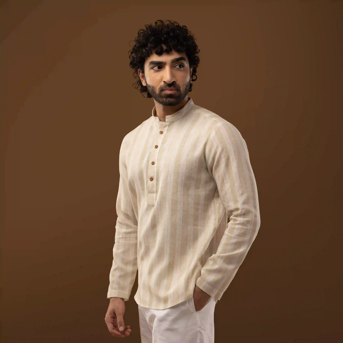 Ivory Striped Mandarin Collar Short Kurta