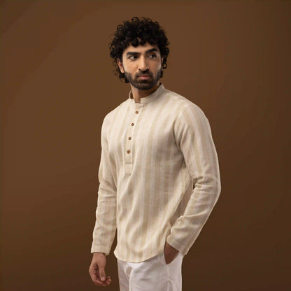 Ivory Striped Mandarin Collar Short Kurta