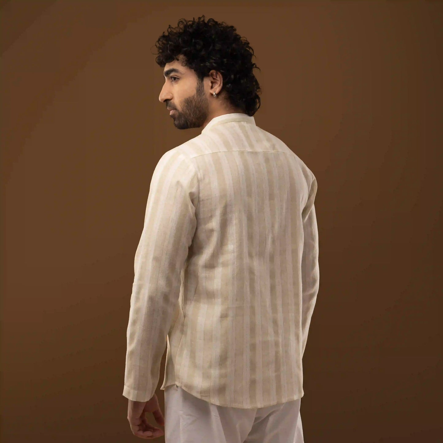 Ivory Striped Mandarin Collar Short Kurta
