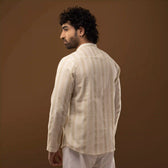 Back view of ivory striped Mandarin collar short kurta