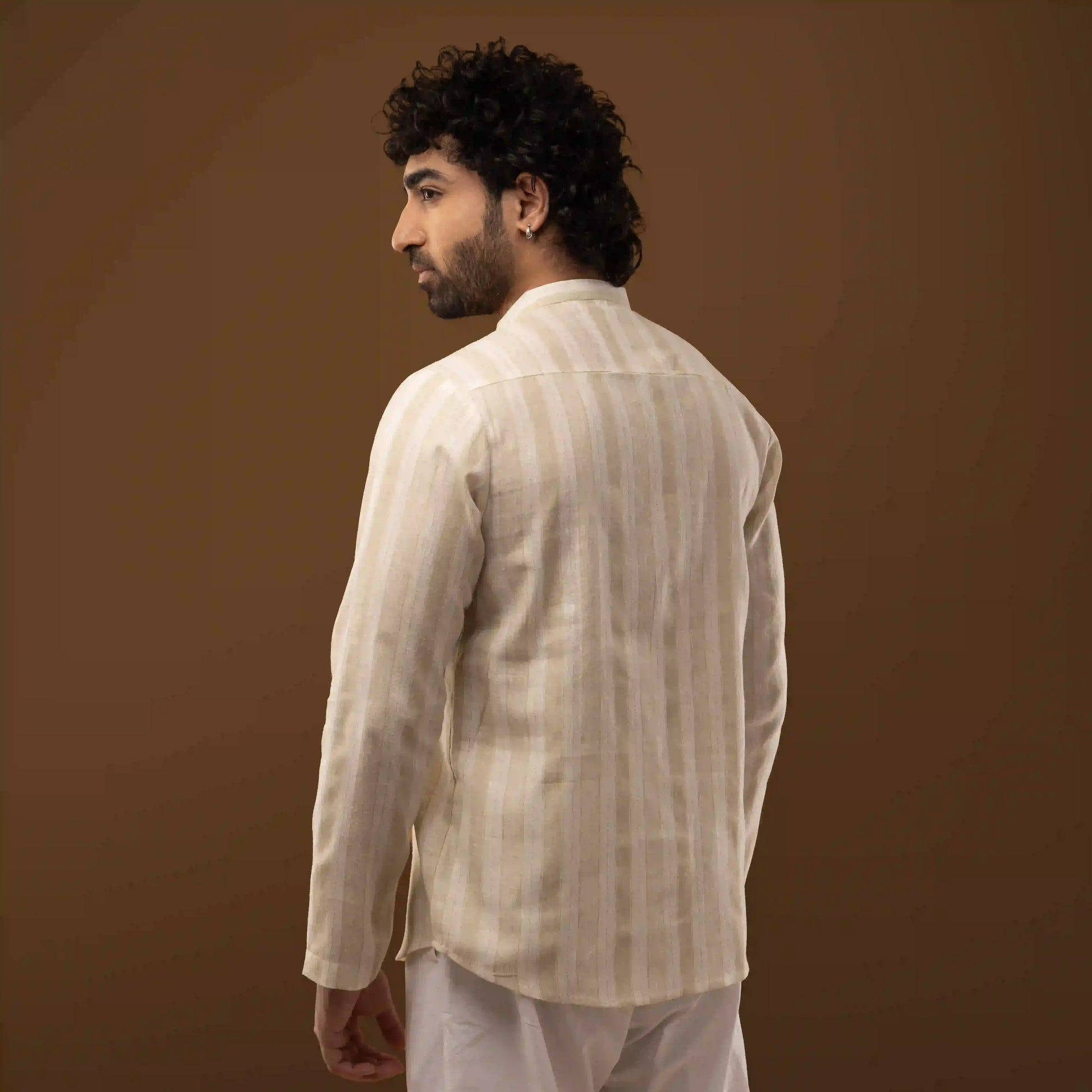 Ivory Striped Mandarin Collar Short Kurta