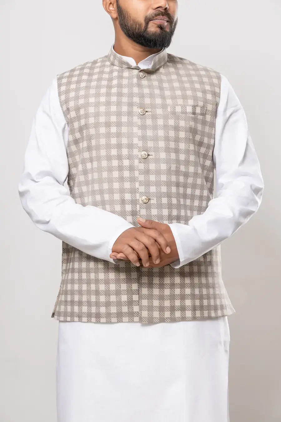 Cotton Beige Checkered Pattern Modi Jacket