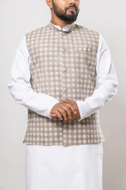 Cotton Beige Checkered Pattern Modi Jacket