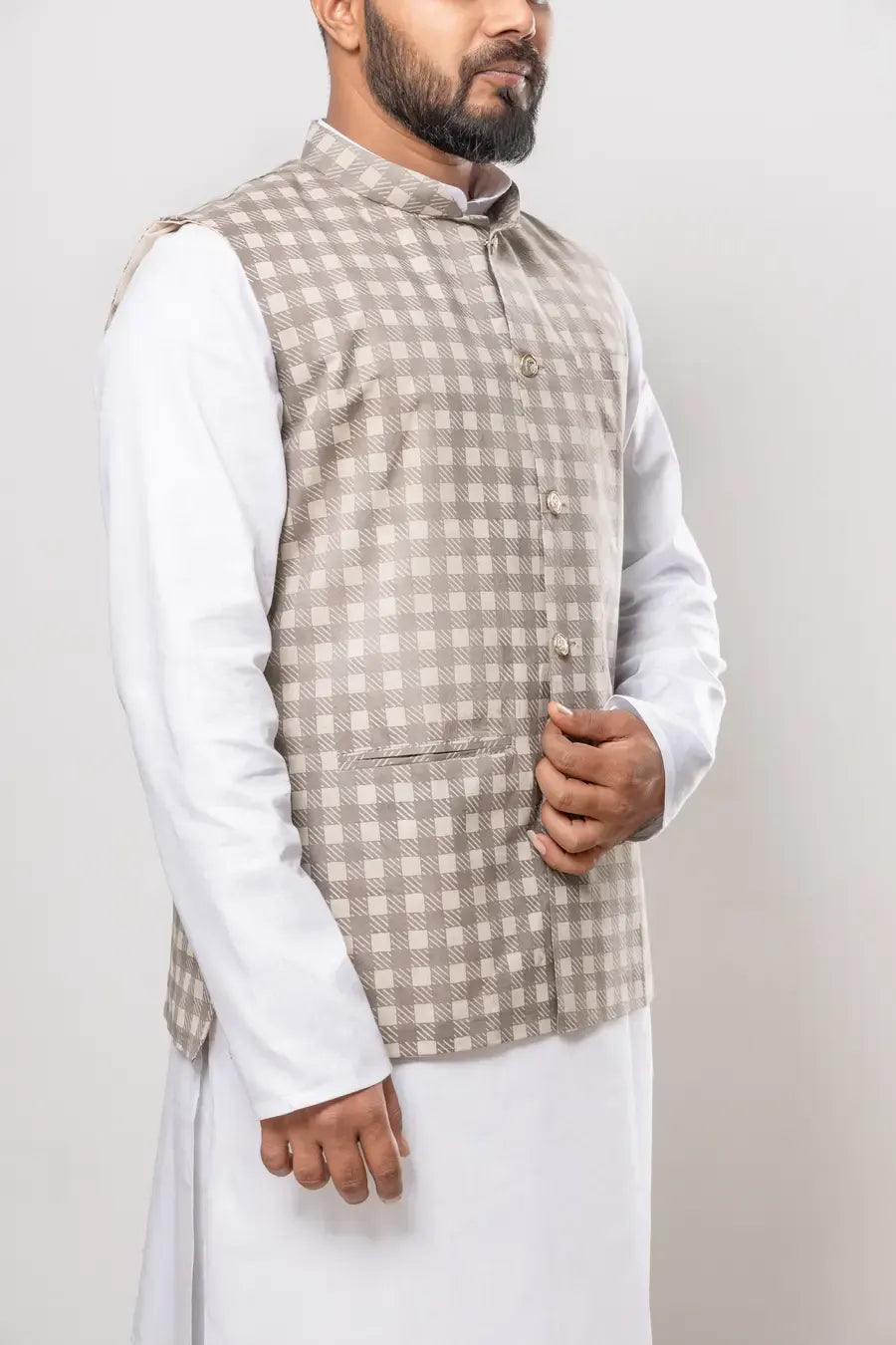 Cotton Beige Checkered Pattern Modi Jacket