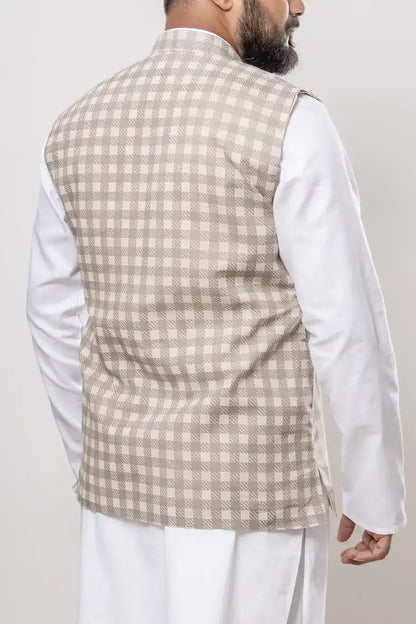 Cotton Beige Checkered Pattern Modi Jacket