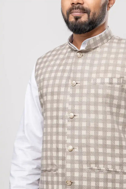 Cotton Beige Checkered Pattern Modi Jacket