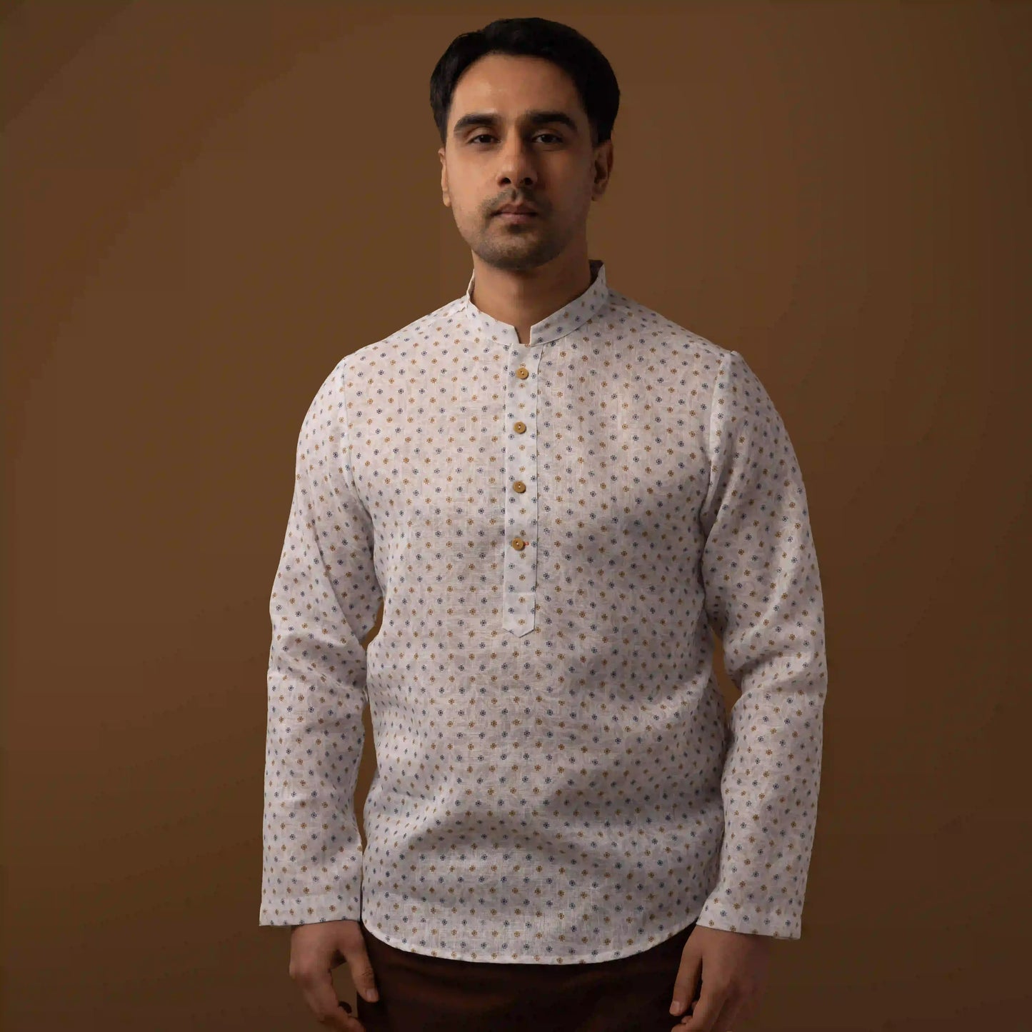 Minimal Pattern Cotton Linen Mandarin Collar Short Kurta