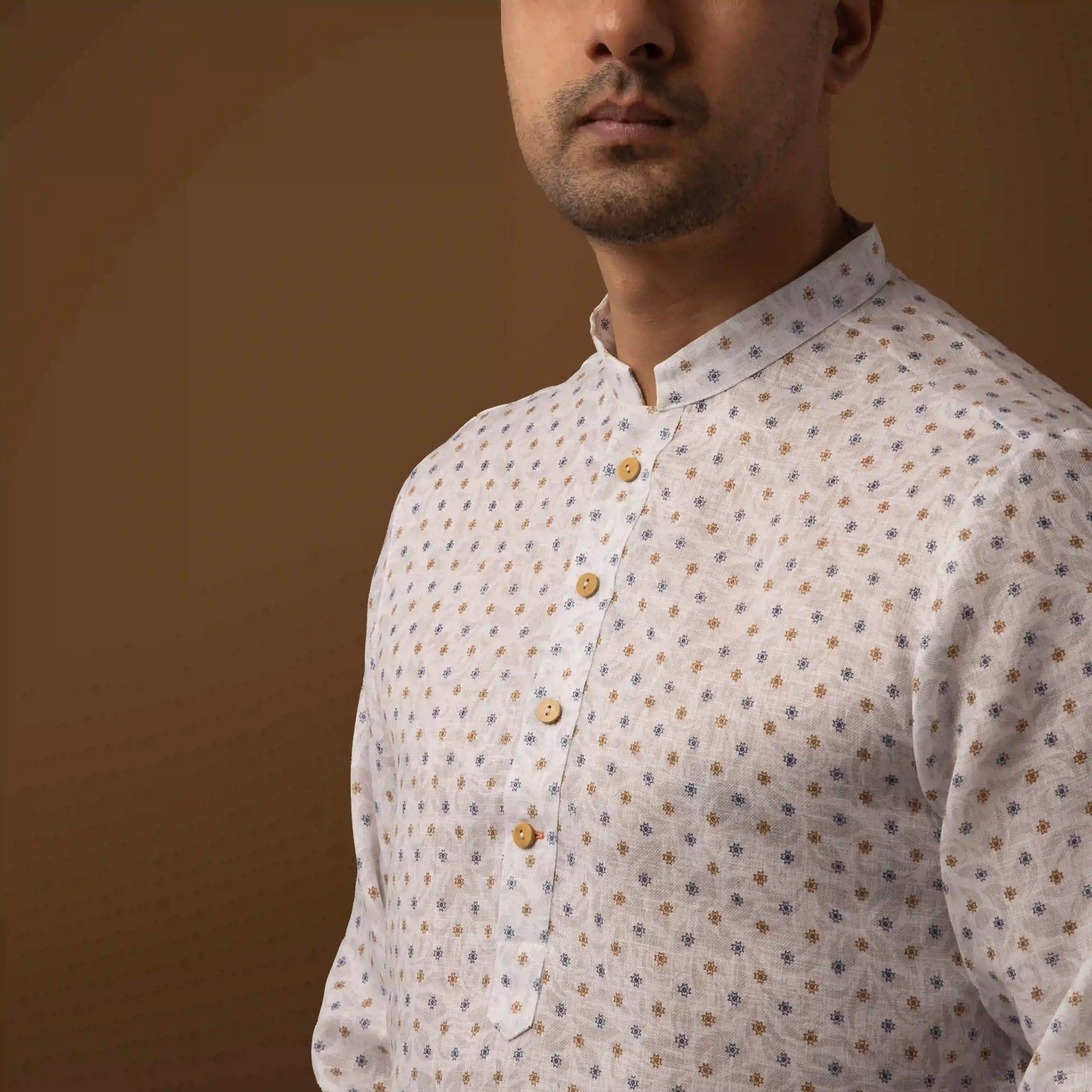 Minimal Pattern Cotton Linen Mandarin Collar Short Kurta