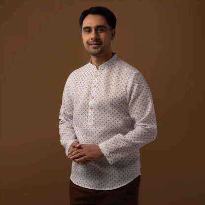 Minimal Pattern Cotton Linen Mandarin Collar Short Kurta