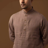 Side view showcasing sleeve details of the Quiet Mocha Brown 100% Linen Long Kurta