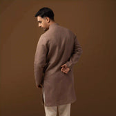 Detailed look at the breathable linen fabric of the Quiet Mocha Brown Long Kurta
