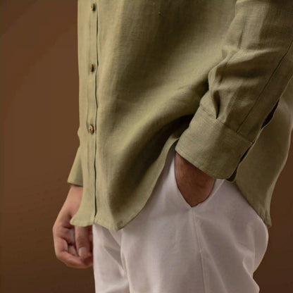 Olive Green 100% Linen Mandarin Collar Full Sleeve Shirt