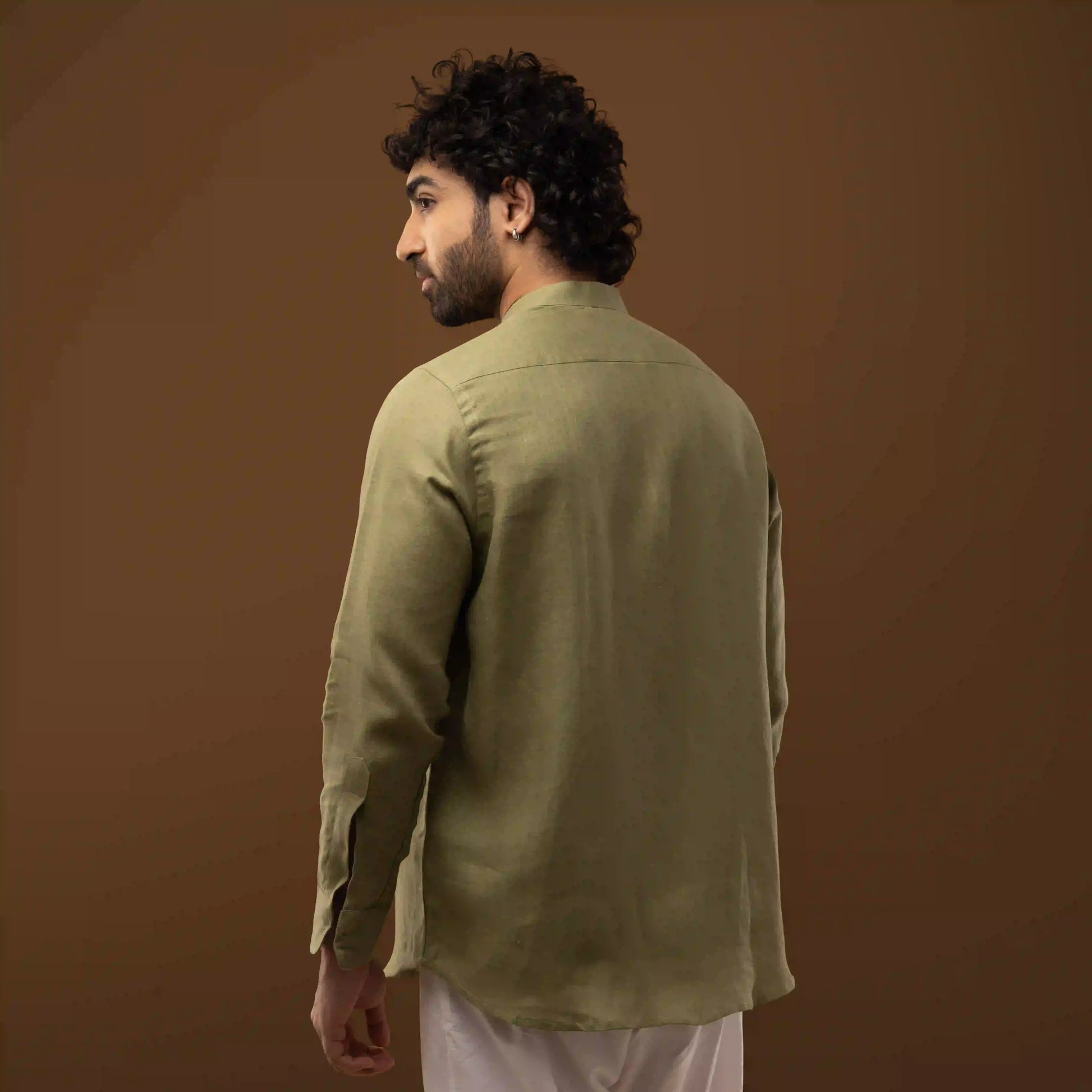 Olive Green 100% Linen Mandarin Collar Full Sleeve Shirt