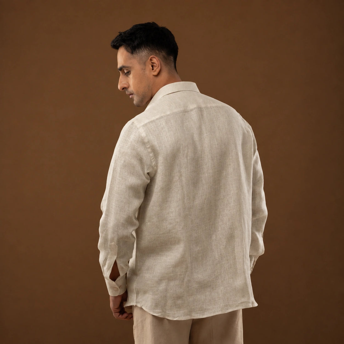 Back view of 100% linen plain natural shirt