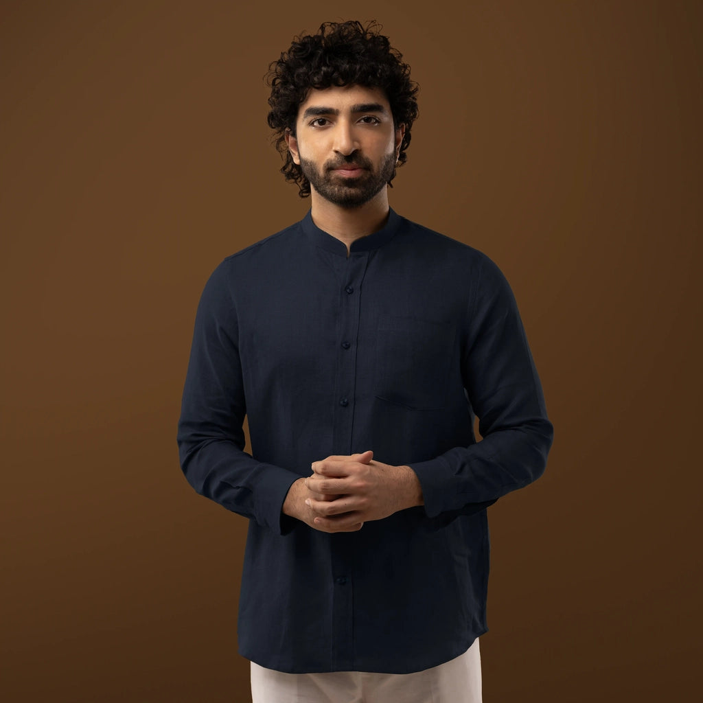 Midnight Navy Blue 100% Linen Full Sleeves Shirt