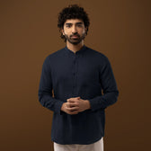 Model wearing Midnight Navy Blue 100% Linen Full Sleeves Shirt