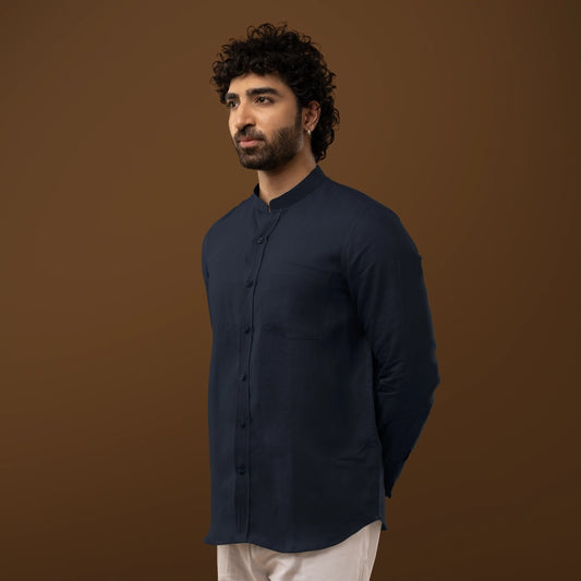 Midnight Navy Blue 100% Linen Full Sleeves Shirt