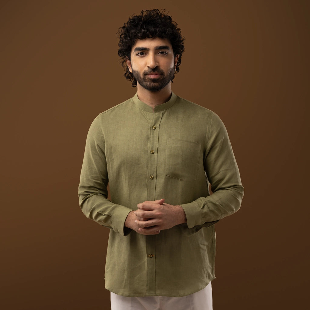 Olive Green 100% Linen Mandarin Collar Full Sleeve Shirt