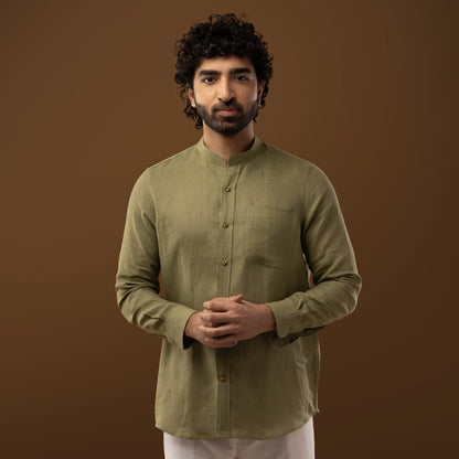 Olive Green 100% Linen Mandarin Collar Full Sleeve Shirt