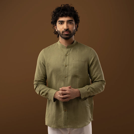 Olive Green 100% Linen Mandarin Collar Full Sleeve Shirt